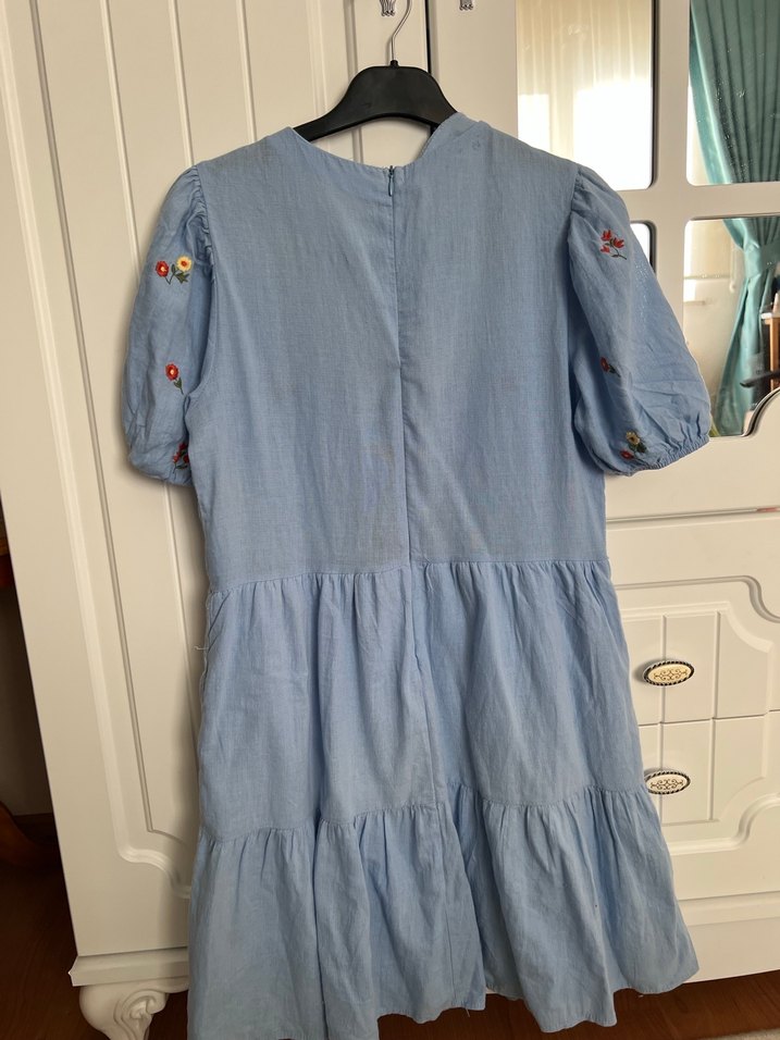 Mavi Bohem V Yaka Mini Elbise - Görsel 3