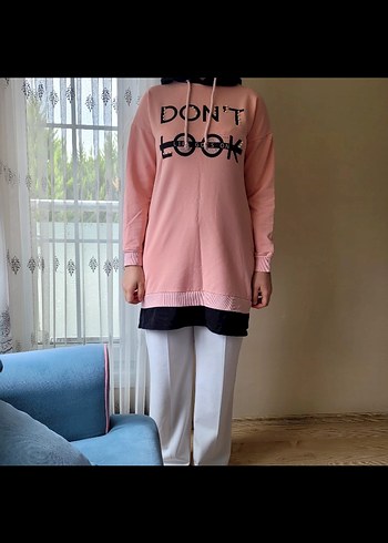 Pembe Pamuklu kapüşonlu Tunik 14-15 yaş