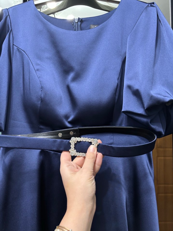 Kemer Detaylı Lacivert Midi Kadın Elbise - Görsel 2