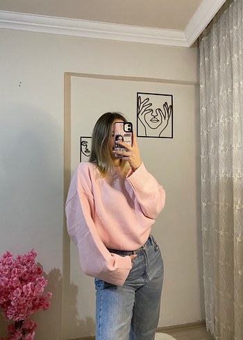 l Beden Pembe Oversize Triko Kazak