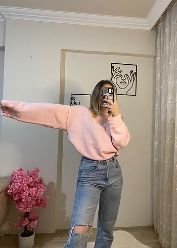 l Beden pembe Renk Pembe Oversize Triko Kazak