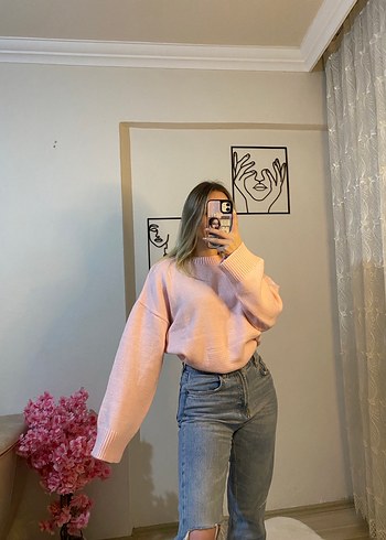 Pembe Pastel Bağlama Desenli Kadın Triko
