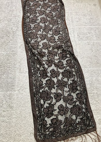 Tül üstüne Çiçek Detaylı Kahverengi Bohem Kadın Şal - Görsel 6