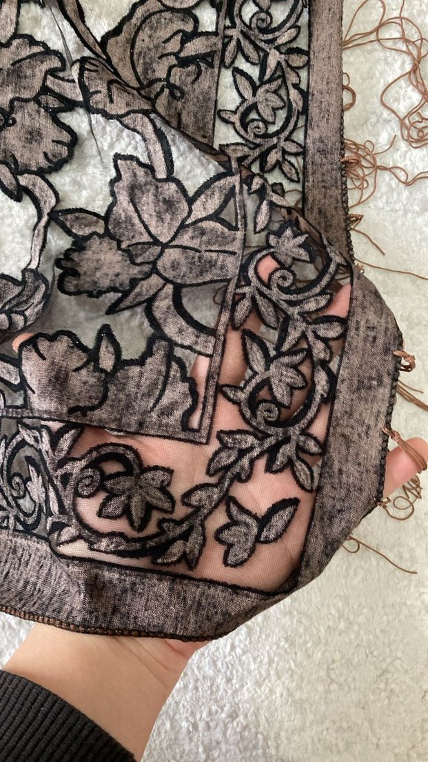 Tül üstüne Çiçek Detaylı Kahverengi Bohem Kadın Şal - Görsel 4