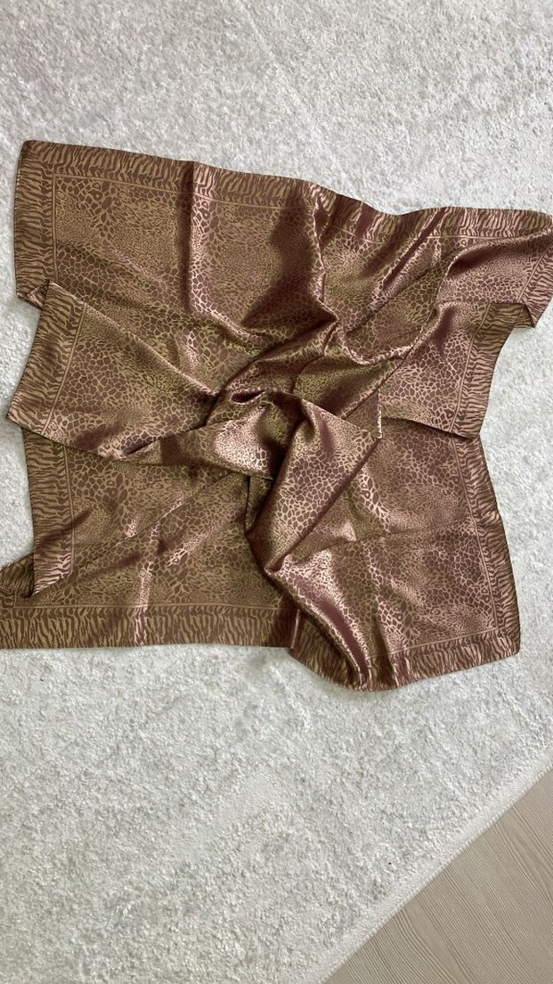 Parlak Kahverengi, Leopar desenli Kadın Saten Fular, Başörtü - Görsel 3