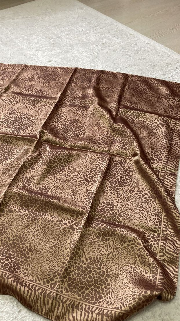 Parlak Kahverengi, Leopar desenli Kadın Saten Fular, Başörtü - Görsel 2