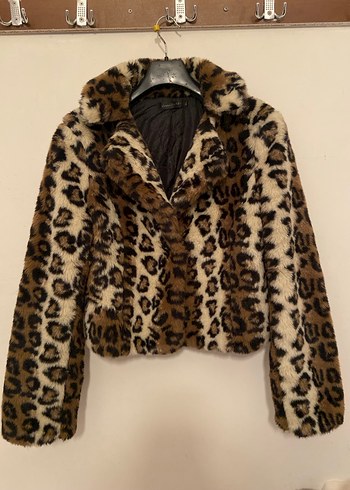 Leopar Desenli Kahverengi Suni Kürk Ceket