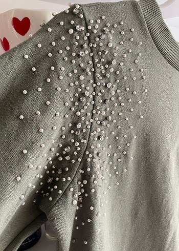 Kadın Haki İncili Triko Sweatshirt - Görsel 2