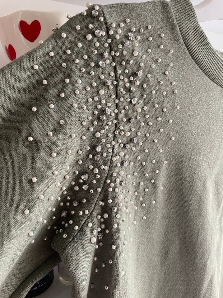 Kadın Haki İncili Triko Sweatshirt - Görsel 2