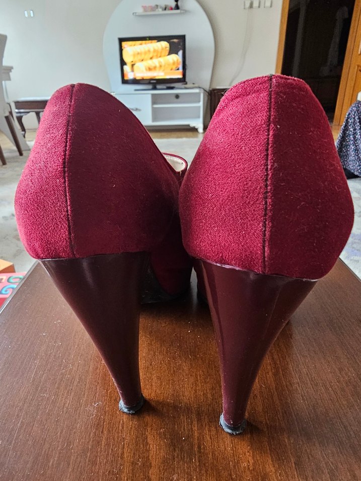 Bordo Süet Yüksek Topuklu Kadın Stiletto - Görsel 4