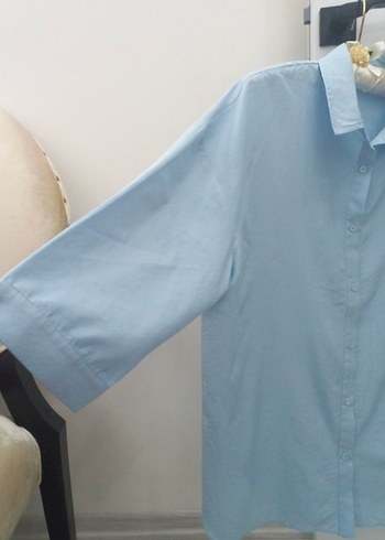 Mavi Keten Düğmeli Kadın Gömlek - Görsel 2