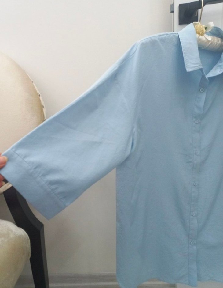 Mavi Keten Düğmeli Kadın Gömlek - Görsel 2