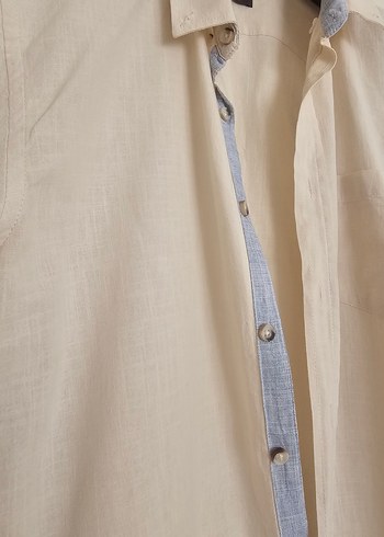 KOTON Bej Erkek Keten Uzun Kollu Gömlek - Görsel 3