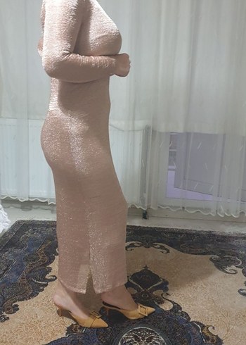 l Beden Bej Parlak Uzun Kollu Kadın Abiye Elbise