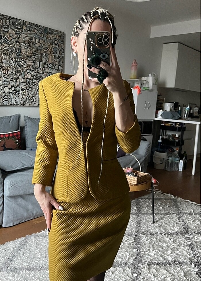 Adil ışık limon küfü ceket-etek ikili takım - Görsel 2