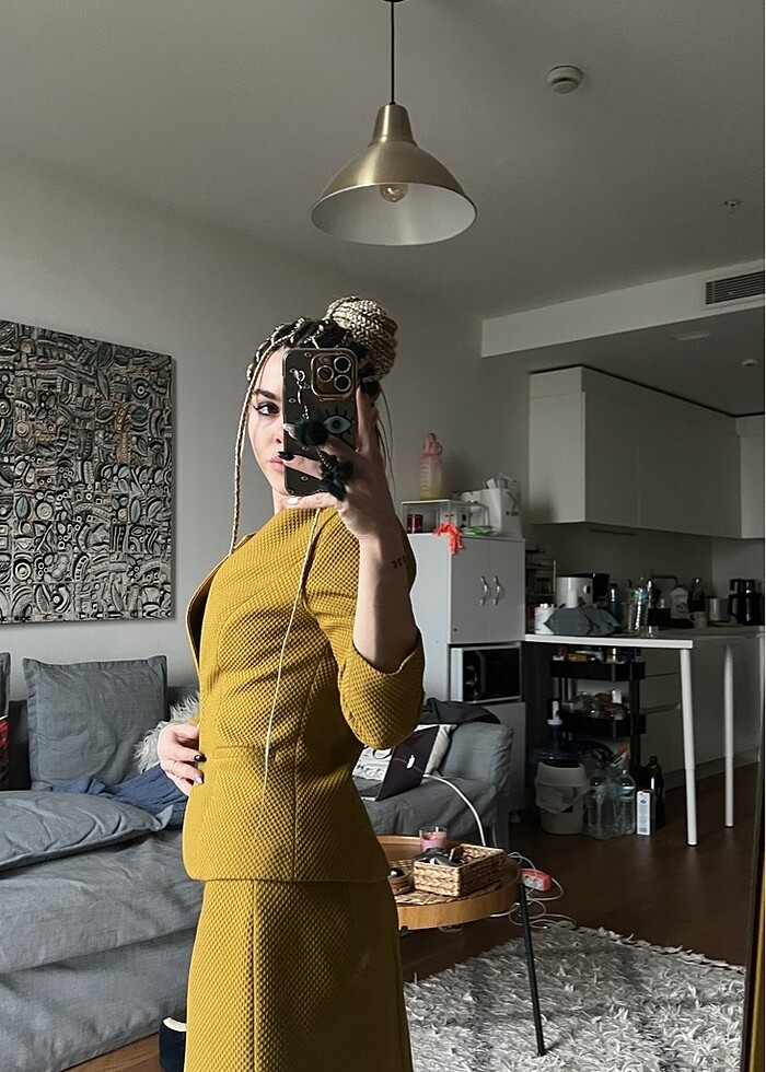 Adil ışık limon küfü ceket-etek ikili takım - Görsel 3