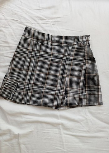 Kahverengi Kareli Pilili Mini Etek