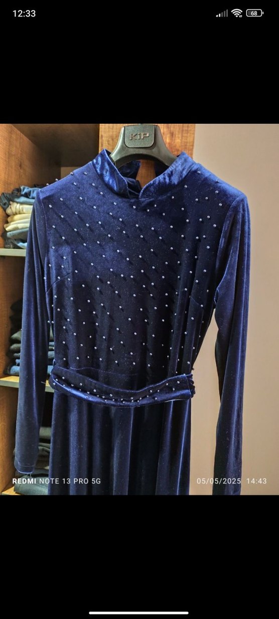 Boncuk İşlemeli Lacivert Uzun Abiye Elbise - Görsel 2