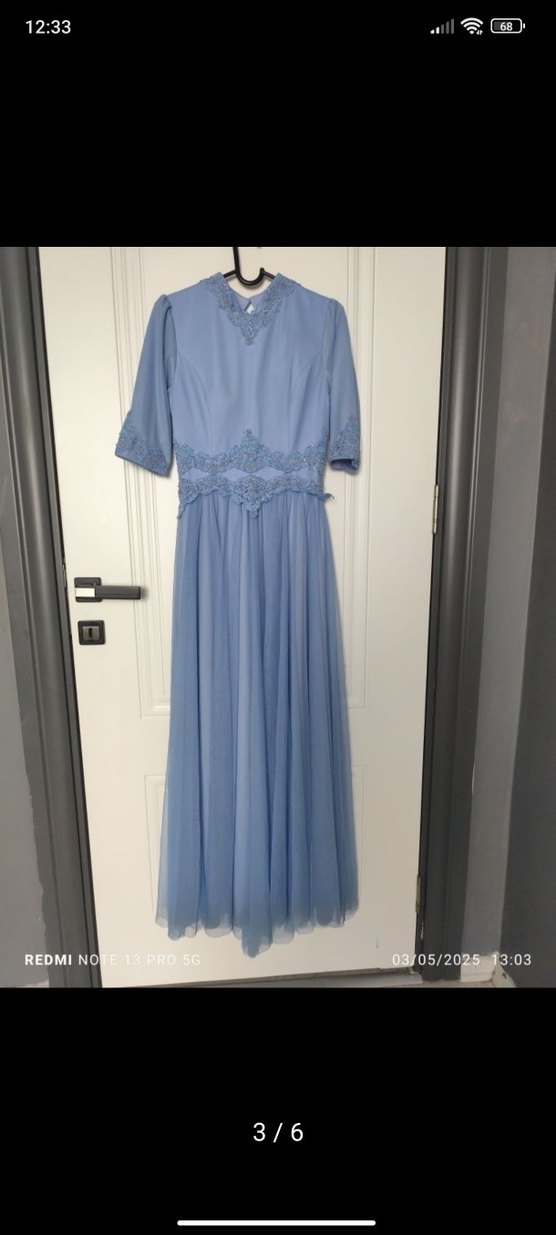 Mavi Nakışlı Vintage Uzun Abiye Elbise - Görsel 2