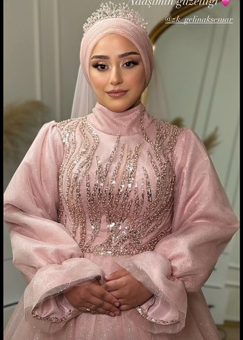 Pudra Pembe Uzun Kollu Drapeli Tesettür Nişan Elbisesi
