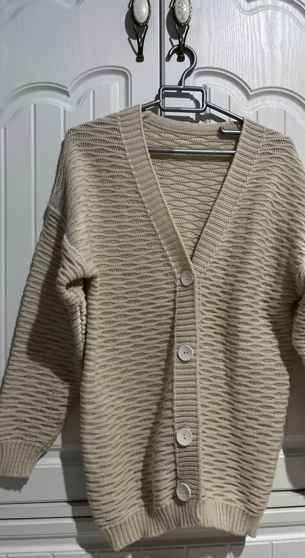 Bej Örgü V Yaka Kadın Hırka - Görsel 2