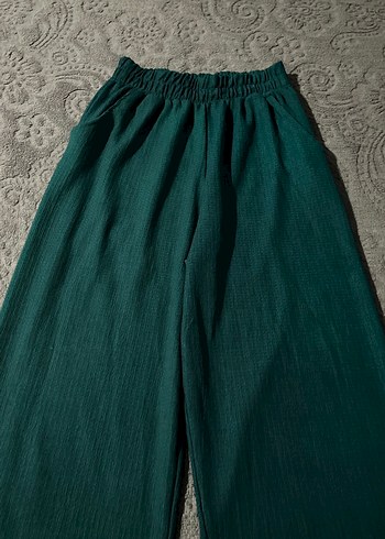 Yeşil Keten Bol Kesim Pileli Kadın Pantolon - Görsel 2