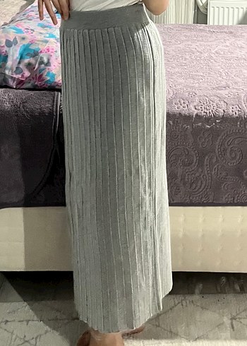 Gri Triko Pilili Uzun Kadın Etek - Görsel 2
