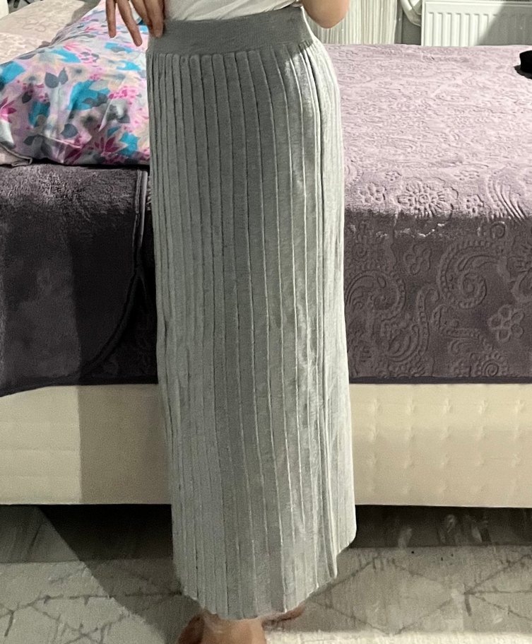 Gri Triko Pilili Uzun Kadın Etek - Görsel 2