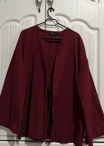 Bordo V Yaka Midi Keten Kimono