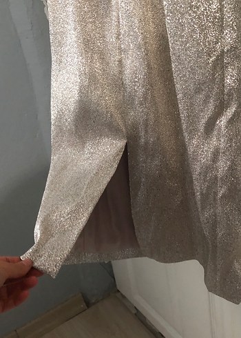 Gri Parlak V Yakalı Midi Abiye Elbise - Görsel 5