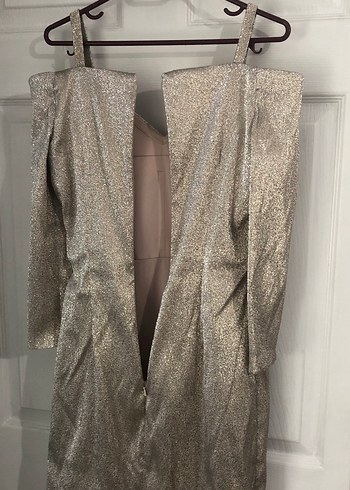 Gri Parlak V Yakalı Midi Abiye Elbise - Görsel 6