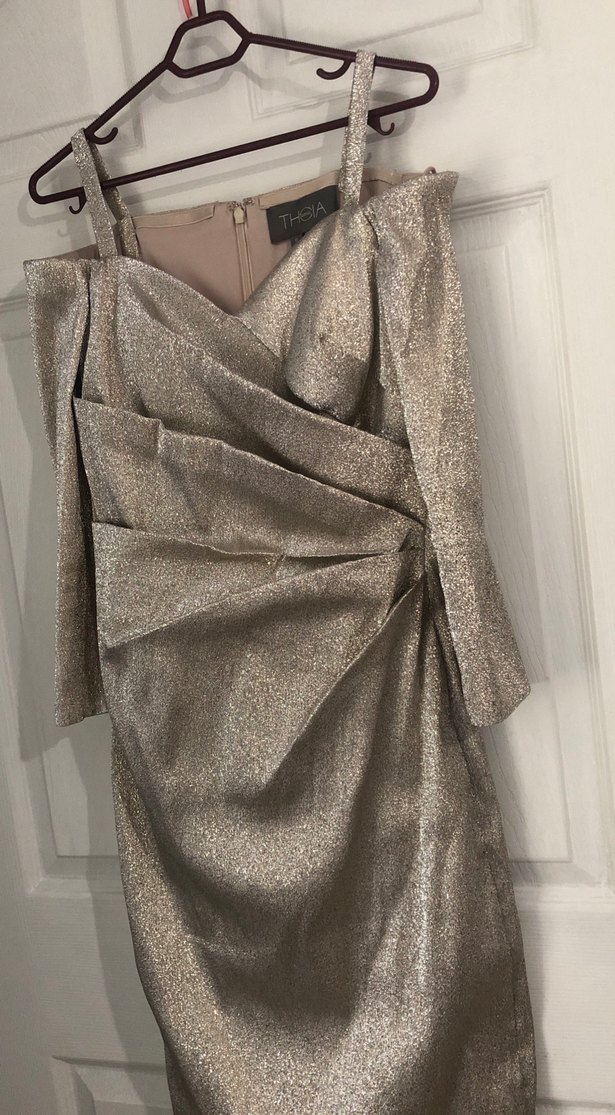 Gri Parlak V Yakalı Midi Abiye Elbise - Görsel 2