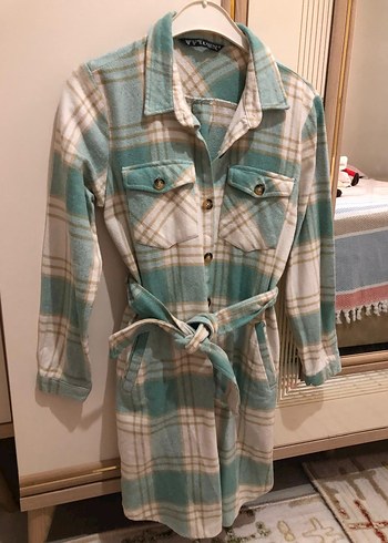 Düğmeli Turkuaz Kareli Mini Gömlek - Görsel 2