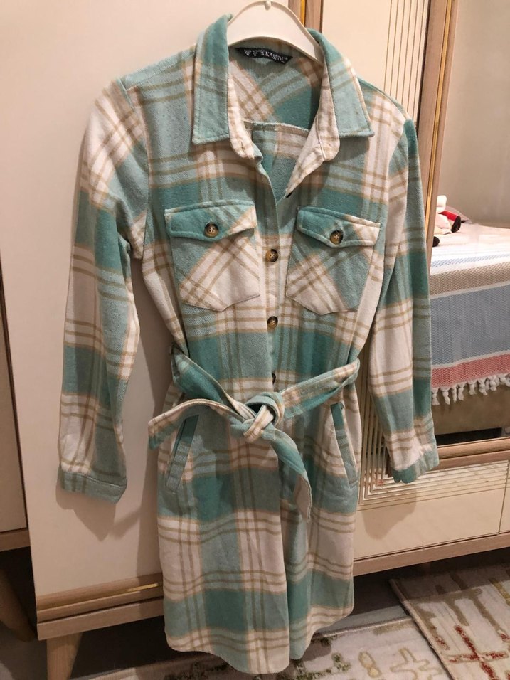 Düğmeli Turkuaz Kareli Mini Gömlek - Görsel 2