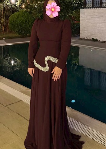 Uzun Kollu bordo taşlı Abiye Elbise