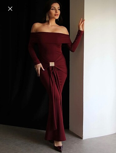 s Beden Bordo madonna yaka elbise