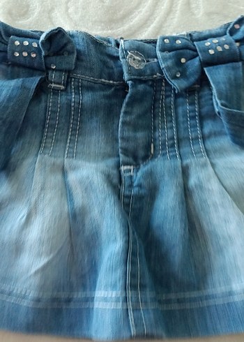 Kız Çocuk Parlak Mavi Pileli Denim Etek
