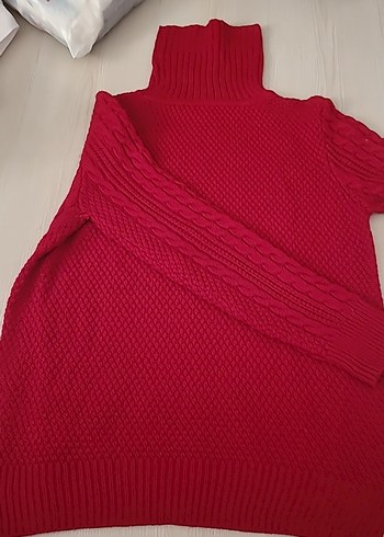 Kırmızı Örgü Boğazlı Kadın Kazak - Görsel 4