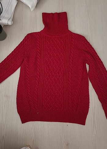 Kırmızı Örgü Boğazlı Kadın Kazak - Görsel 2