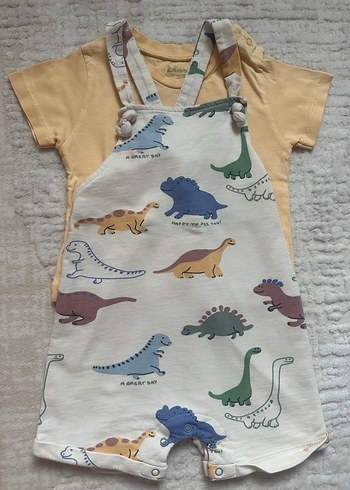 Kısa Kollu Bebek Body ve Dinozor Desenli Tulum