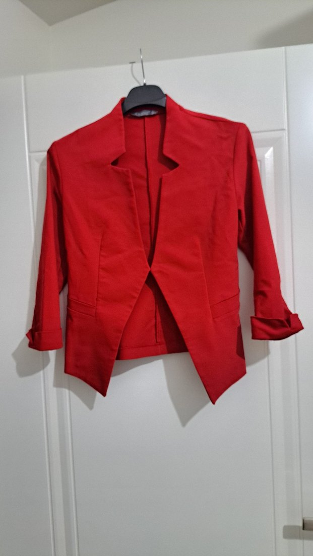 Kadın Parlak Kırmızı Düğmeli Mini Blazer - Görsel 2