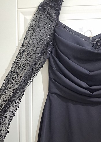 Siyah Drapeli Uzun Abiye Elbise - Görsel 7