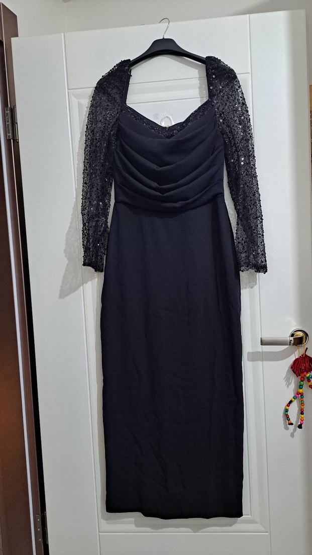 Siyah Drapeli Uzun Abiye Elbise - Görsel 4