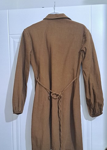 Düğmeli Kahverengi  Midi Keten Ceket - Görsel 2