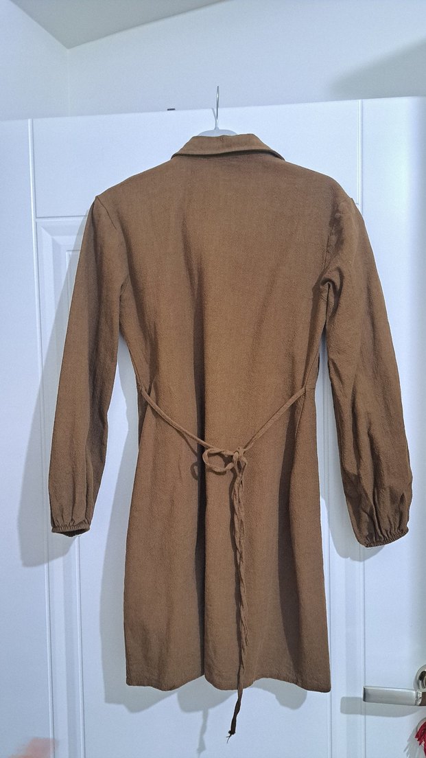 Düğmeli Kahverengi  Midi Keten Ceket - Görsel 2