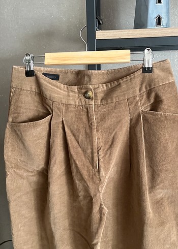 Camel renkli Kadın Keten Bol Kesim kadife pantalon - Görsel 2