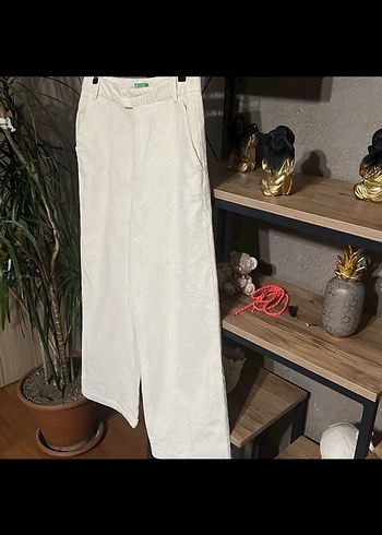 Ecru renk kadife Kadın Pantolon - Görsel 4