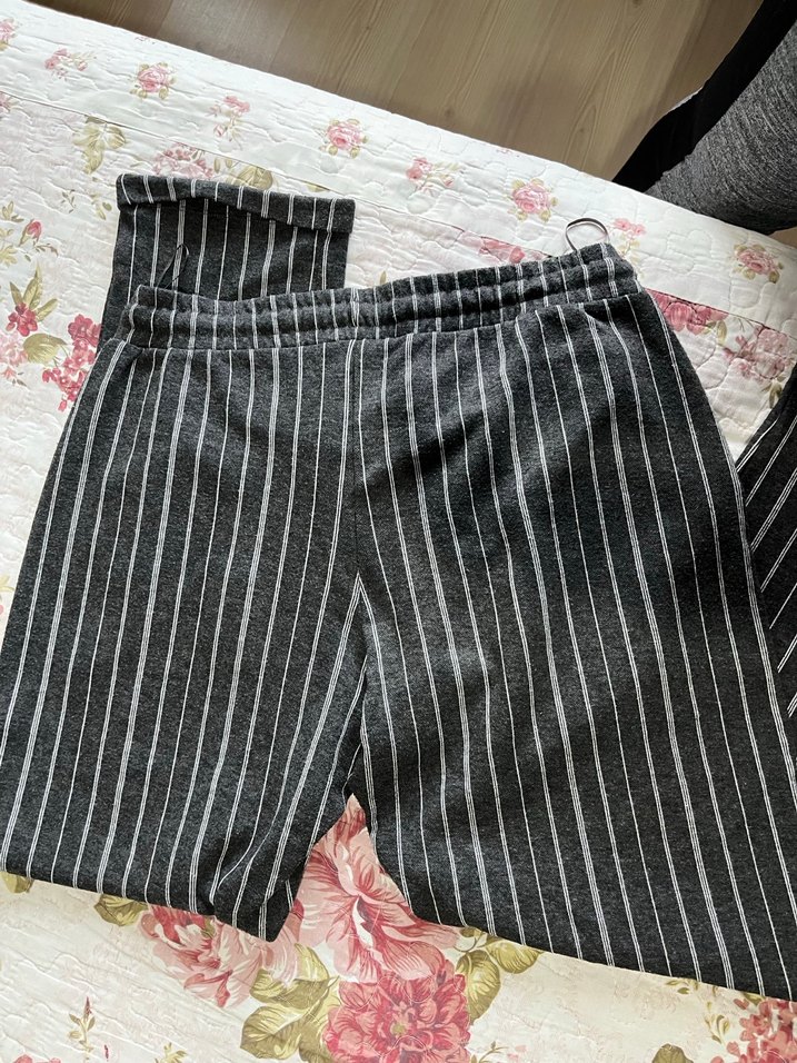 Çizgili Gri Piliseli Kadın Kumaş Pantolon - Görsel 2