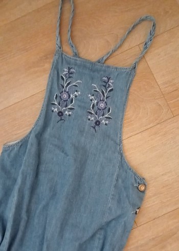 Nakışlı Mavi Kot Kısa Tulum