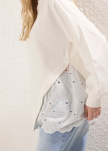 Beyaz Kadın Uzun Kollu fisto detaylı Salaş Sweatshirt - Görsel 7